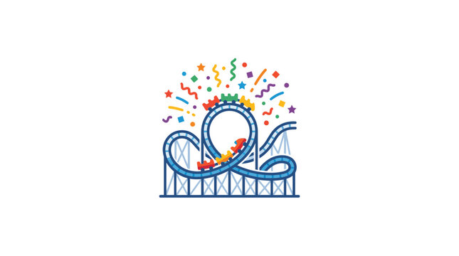 A colorful illustration of a roller coaster ride with festive confetti elements.