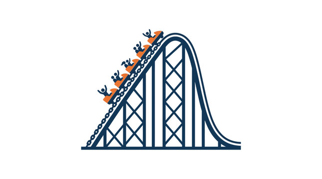 A colorful illustration of a roller coaster climbing up a steep track with passengers.