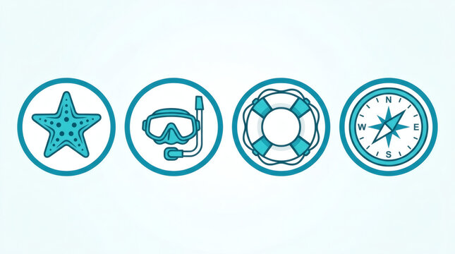 Set of stylized maritime icons featuring starfish diving gear life preserver and navigation compass for ocean adventure