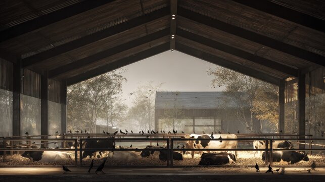 Cows inside barn structure with sunlight