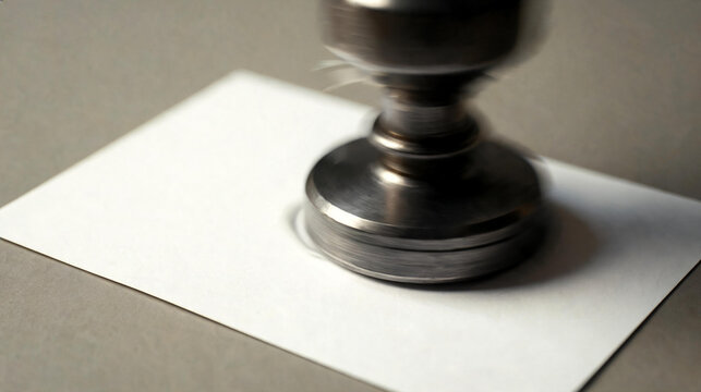 Close up of a heavy official metal stamp being pressed firmly onto a thick premium document with visible texture and metallic reflections in a professional law or notary office environment.