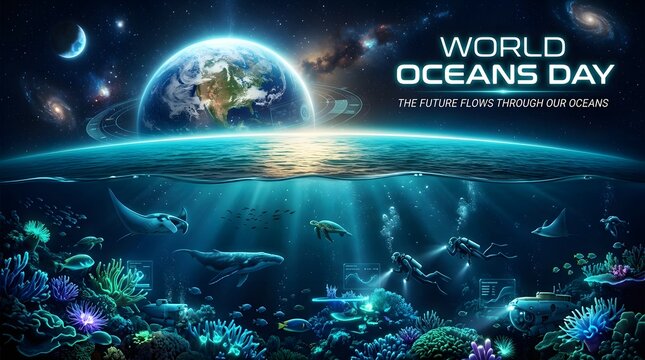 world oceans day digital illustration earth ocean marine life coral reef whale turtle diver futuristic space planet underwater