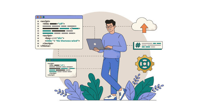 Software developer writing code on laptop cloud computing vector illustration with developer software programmer technology development internet programming computing engineer computer