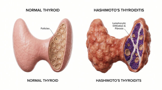 ​3D Medical Illustration of Normal Thyroid vs Hashimoto's Thyroiditis