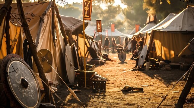 Viking camp with tents, shields and medieval atmosphere. AI-generated.