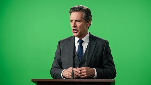 Man in suit speaks at podium pointing finger forward with green background