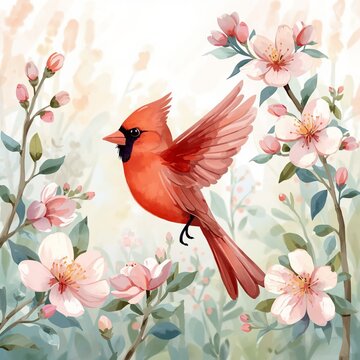 Cardinal cartoon flying among pink spring blossoms watercolor illustration