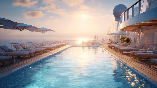 Cruise ship pool deck at sunset