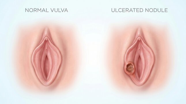vulvar cancer, ulcerated nodule, normal vulva, female reproductive system, gynecology, vulva anatomy, skin lesion, female anatomy, gynecological pathology, medical illustration, 3d render, anatomical 