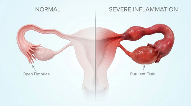 Severe Uterine Inflammation and Pyosalpinx vs Normal Uterus 3D Model