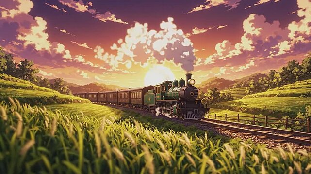 Steam engine chugs through rolling green hills