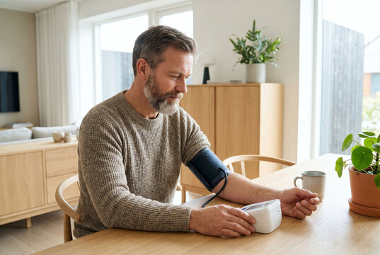 Middle-aged bearded man sitting at wooden table measuring blood pressure with digital monitor in bright modern living room