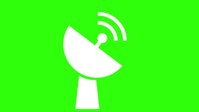 A white satellite dish antenna icon broadcasts a signal on a vibrant green screen background.White Satellite Dish Antenna Broadcasting Signal on Green Screen Background
