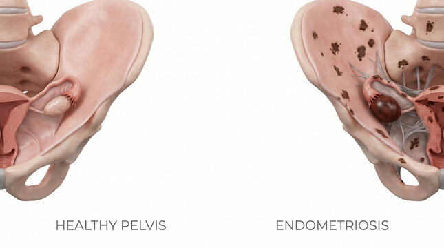 Endometriosis vs Healthy Pelvis 3D Medical Illustration Comparison