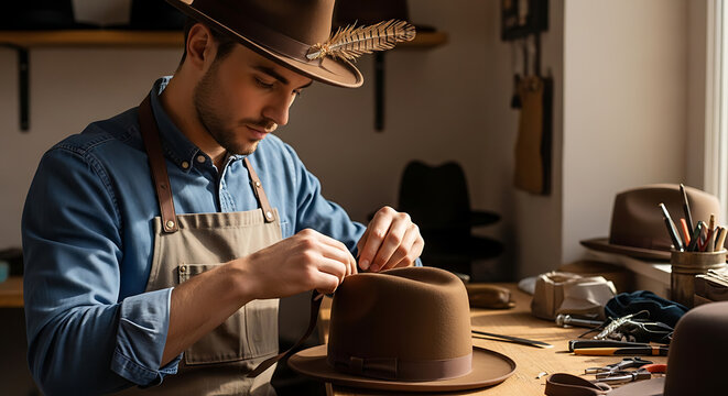 Professional male artisan shaping classic brown felt hat at wooden workshop desk filled with tools and millinery accessories, atmospheric cinematic photography with soft dramatic window light.