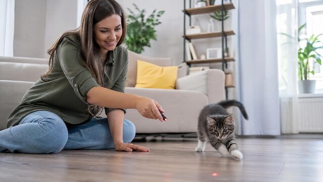 Happy Young Woman Playing with Tabby Kitten using Laser Pointer at Home