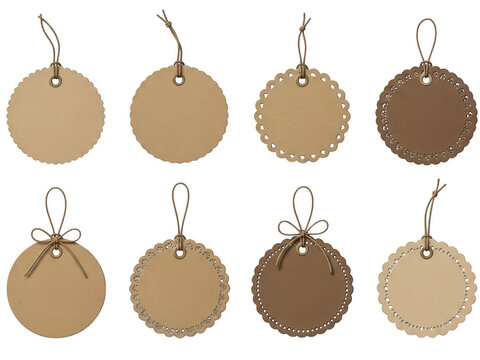 Collection of eight round and shaped paper tags with twine on checkered background.