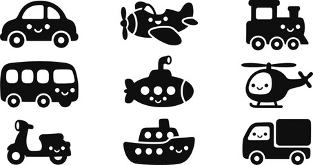 Minimalist black and white vehicles vector icon pack, cute cartoon helicopter, submarine, truck and scooter characters with smiling faces for kids design and stickers © mdnoor