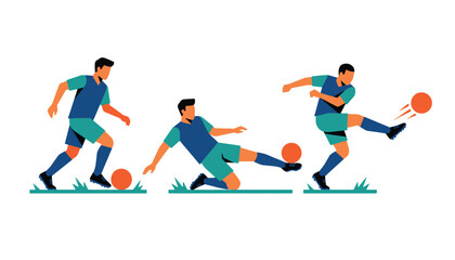 Obraz premium Soccer players in action in dynamic poses, kicking and dribbling ball with energy on grass field, dynamic sport illustrations.