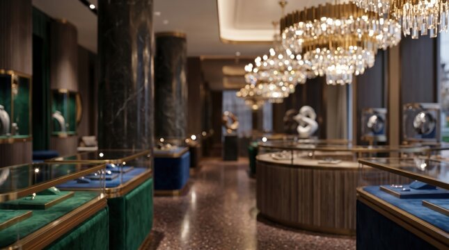 Luxury jewelry boutique interior elegant shop display case crystal chandelier marble column opulent retail store high end fashion boutique wealth