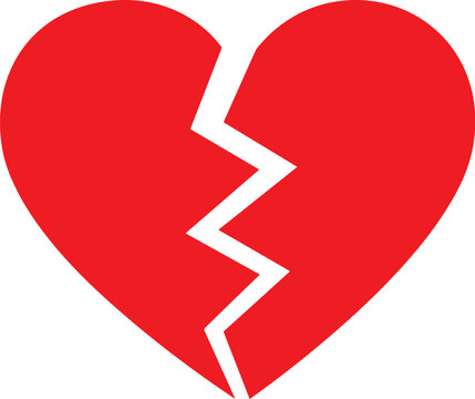 A bright red broken heart featuring a jagged white lightning bolt shaped crack separating the two halves of the heart shape against a solid white background