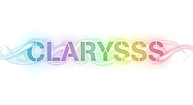 Modern colorful typography design featuring the word "Clarysss" with vibrant gradient letters and flowing neon light wave effects. Creative abstract text illustration isolated on a light background.