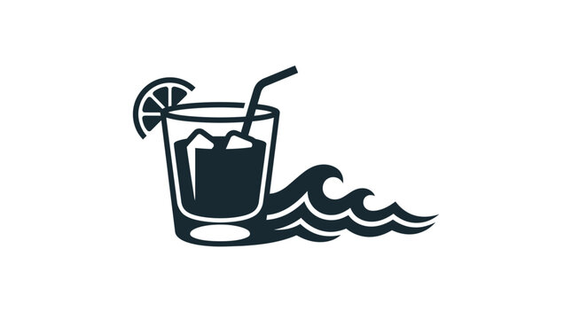 A minimalist black and white icon featuring a cocktail glass with a slice of lime and ocean waves.