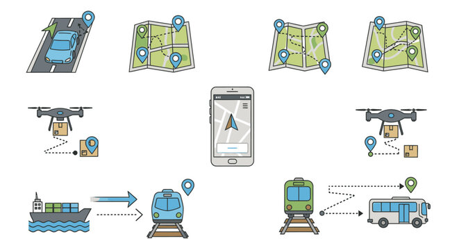 Logistics tracking and smart transportation icon collection.