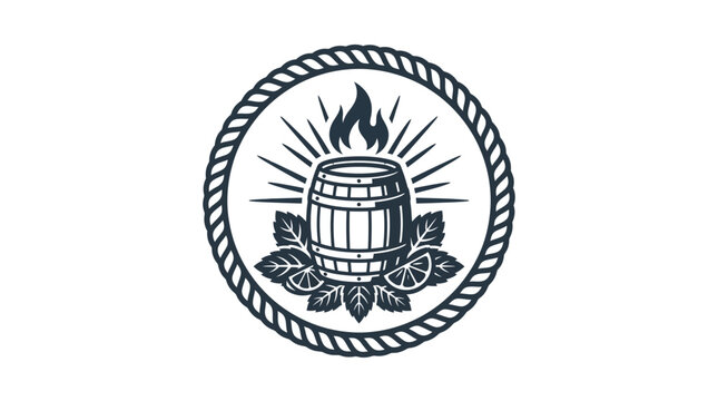 Vintage style emblem featuring a wooden barrel surrounded by citrus leaves and fire.