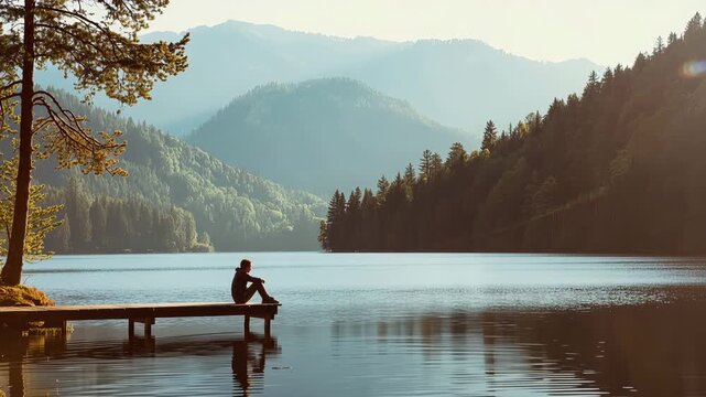 Solitary Person Sitting On A Wooden Pier Overlooking A Calm Lake And Mountains alone contemplation