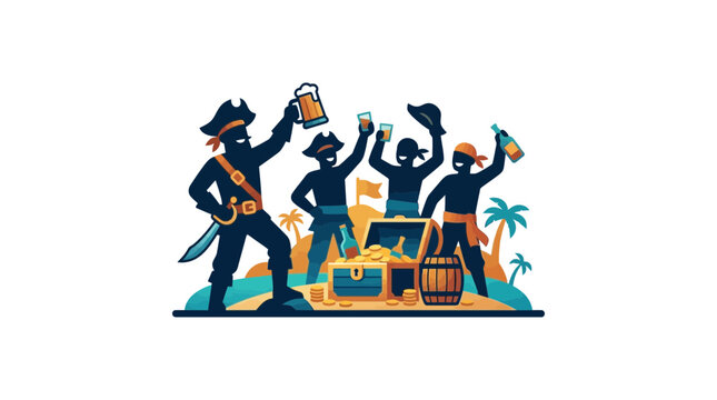 Group of cartoon pirate silhouettes celebrating with drinks and treasure.