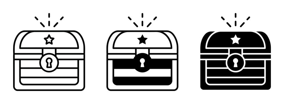 3 Treasure chest icons, locked box silhouette set, solid black style, finance security