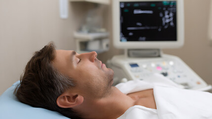Obraz premium Man Patient Relax on Examination Table Undergoing Medical Scan in Clinic Room with Contemporary Diagnostic Equipment for Health Checkup