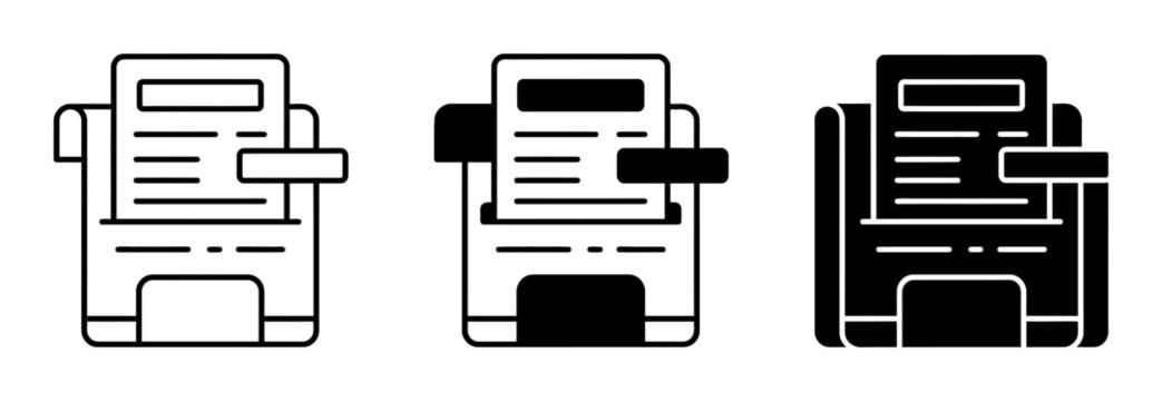 3 Printer silhouette icons, solid black style, office supply