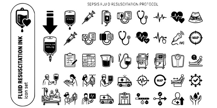 Sepsis Fluid Resuscitation Ink Black White-Crystalloid Bolus Hemodynamic Balance-Protocol Vector-Fluid Icon Ink-Sepsis Management Design Set
