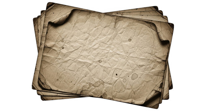 Stack of old crumpled and stained paper, isolated on transparent background
