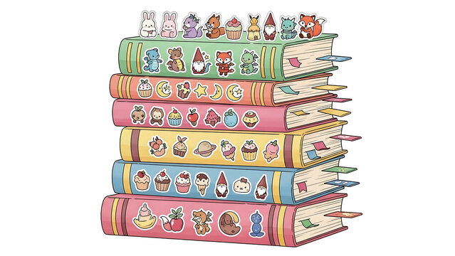 Colorful illustrated book stacks with cute animal stickers isolated on a transparent background, colorful books
