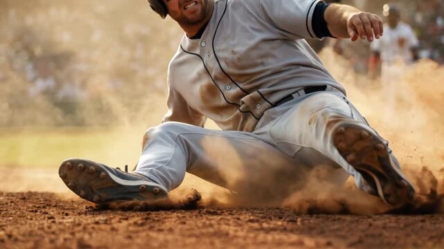 Baseball player sliding into base in dramatic slow motion