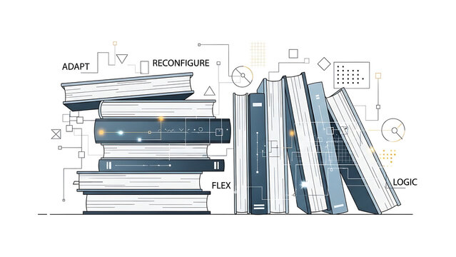 Conceptual modular data stack with adaptive, flexible, and logic-based components isolated on a transparent background