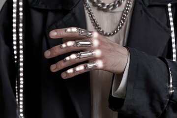 Naklejka premium Close-up of a person's hand adorned with futuristic glowing rings and a chunky silver chain necklace.