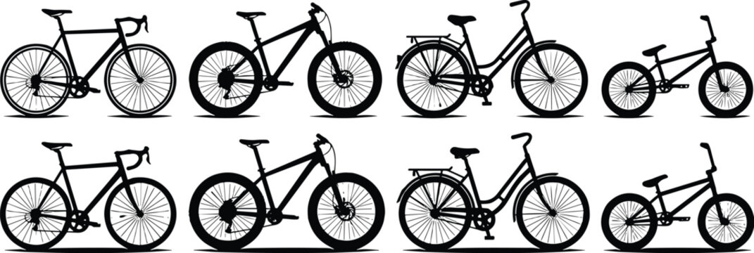 Bicycle silhouettes vector set featuring detailed black shapes of road bikes, mountain bikes, city cruisers, and bmx models