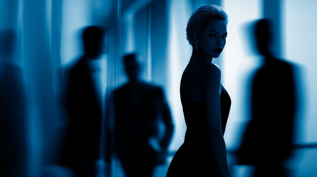 Elegant woman looking back in mysterious blue silhouette crowd cinematic espionage concept
