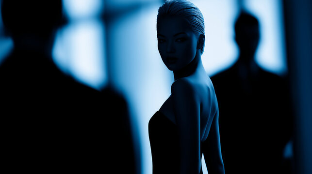 Elegant woman looking back in mysterious blue silhouette crowd cinematic espionage concept