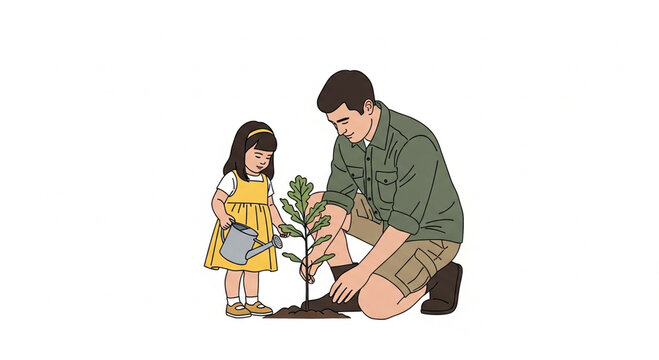 Father and Little Daughter Planting a Tree Sapling Illustration Isolated on White Background