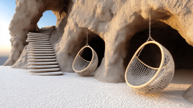 Luxury eco resort patio interior with hanging rattan chairs stone cave wall and steps on white sand beach