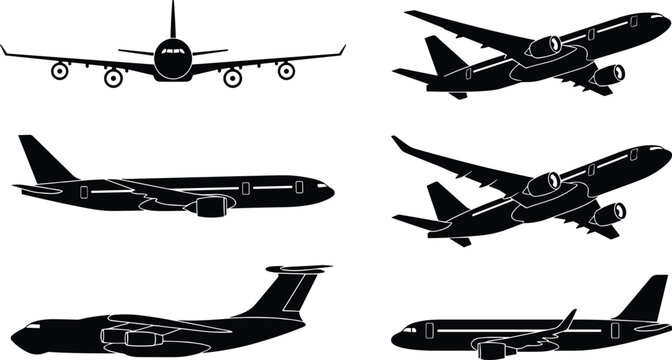 Commercial airplane black silhouettes collection featuring passenger airplanes in various flight angles and side view positions isolated on white background