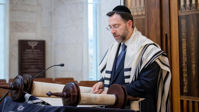 Jewish Rabbi Wearing Tallit Reading Sacred Torah Scroll in Synagogue