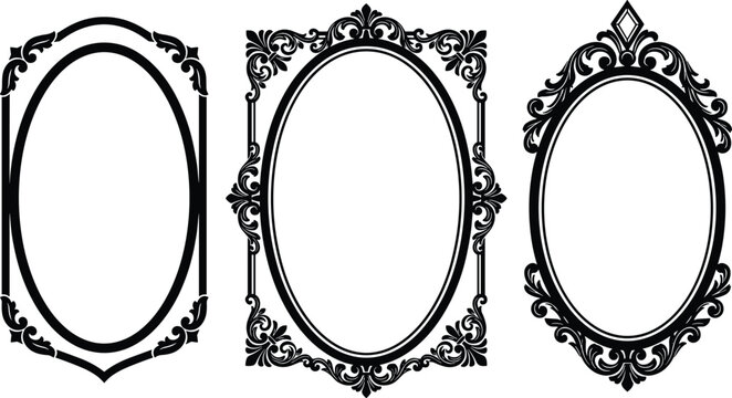 Elegant black vintage oval picture frames vector collection featuring ornamental baroque borders and luxury filigree designs for premium branding