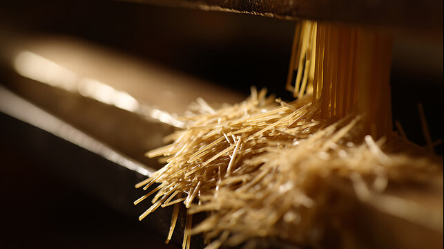 Freshly made pasta extrude from a machine, showcasing the intricate detail and natural texture of the golden-brown strands, food industry process