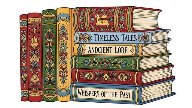 Folk illustrated book stack with ancient themes isolated on a transparent background, hand-painted books